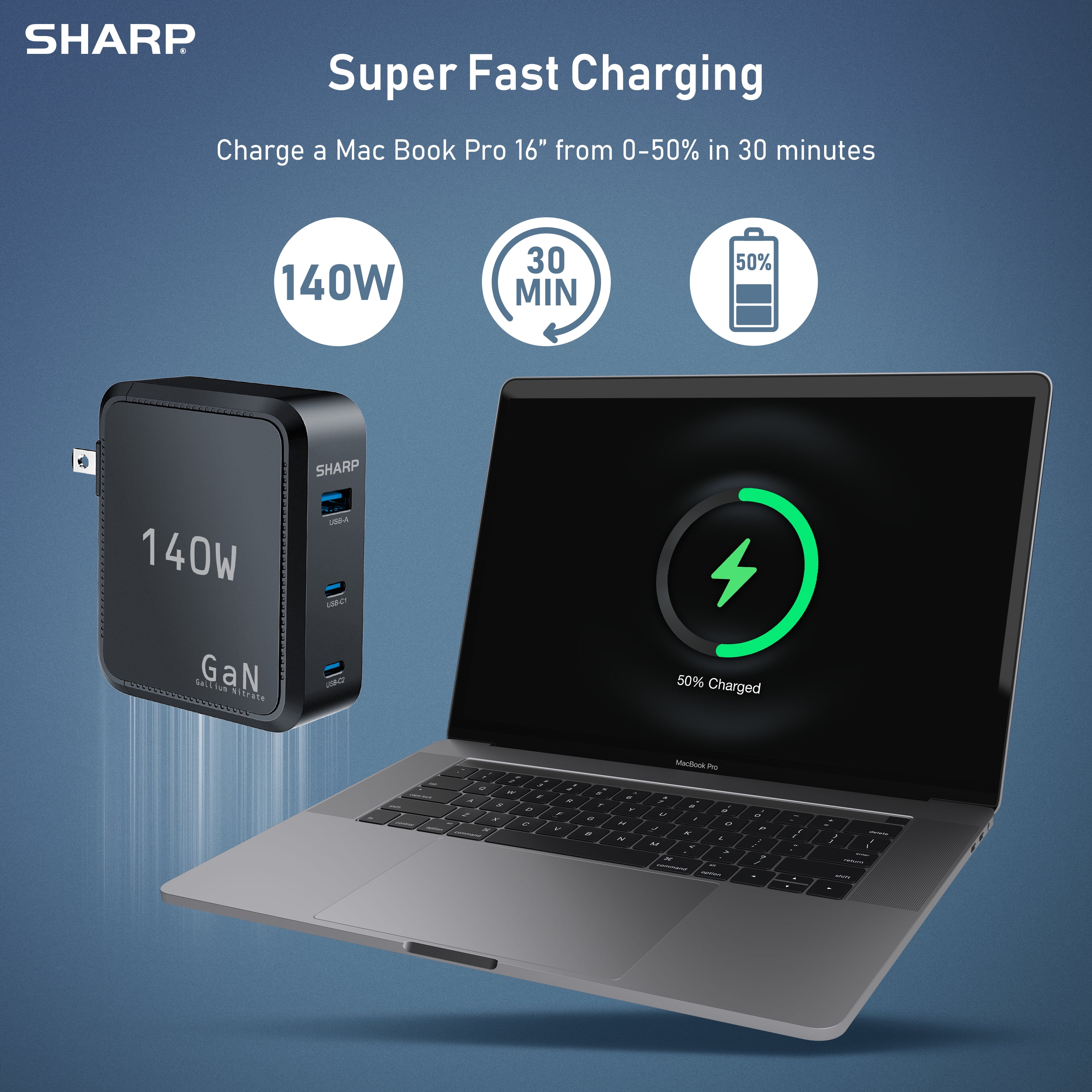 Sharp 140W USB C Charger, Compact Foldable GaN Fast Charge 3-Port (2 USB-C, 1 USB-A), Compact Foldable Wall Charger for MacBook Pro/Air, iPad Pro, iPhone 15/Pro, Galaxy S22/S21, Dell XPS, Black