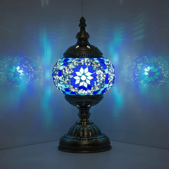 ERDS-NW Turkish Lamp Handmade Mosaic Table Lamp Moroccan Bohemian Desk Bedside Table Lamp Night Light for Living Room Bedroom (Bule)