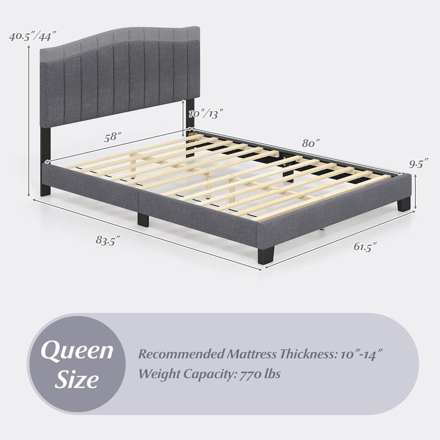 Spaco Queen Size Modern Upholstered Bed Frame, Adjustable Vertical Channel Tufted Headboard, Linen Fabric & Foam, 12 LVL Slats, Gray + Black