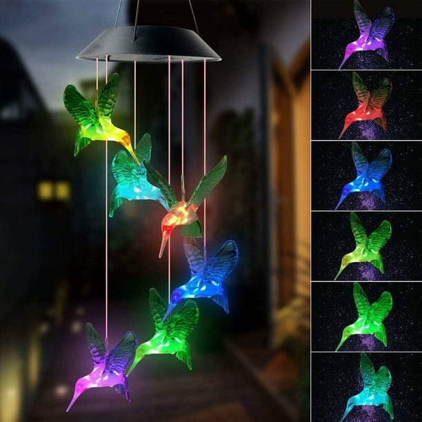 Regalo para mamá: Campana de viento solar con colibrí, campanillas de viento solares para exteriores, regalo para mamá, campanilla de viento móvil que cambia de color, luz solar colgante para patio.