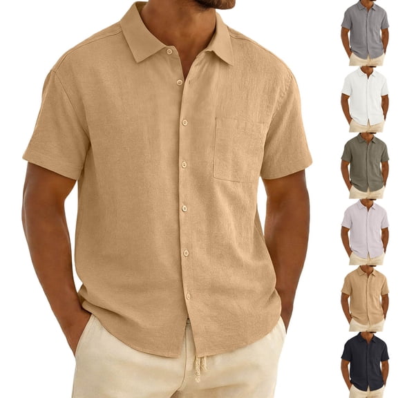 SeCaotees Men's Short Sleeve Linen‑Blend Button‑Front Shirt Turn‑Down Collar Relaxed Fit Lightweight Breathable Fabric For Summer Beach Vacation Shirts Army Green,L