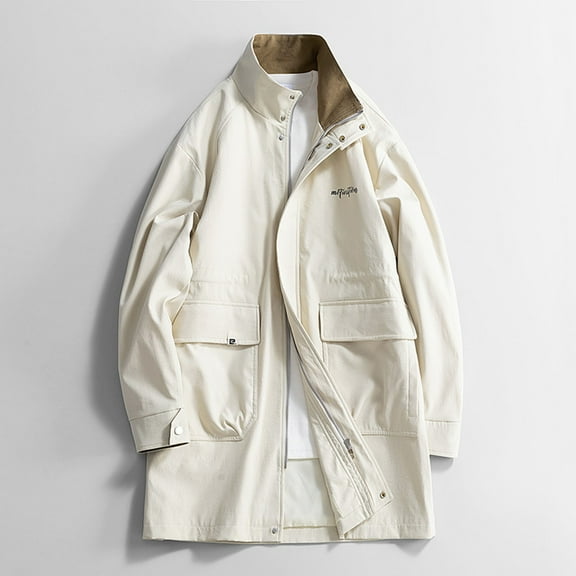 PiGOGI Men PU Leather Long Coat Autumn Casual Double Breasted Trench Jacket Business Fashion Outerwear Khaki XL