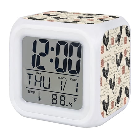 Vintage Black Rooster Digital Alarm Clock for Bedrooms, Smart LED Alarm Clock with 7 Color Changing Night Light, Farmhouse Stamp Beige Silent Wake Up Clocks for Sleep Study Cooking 3.2x3.2