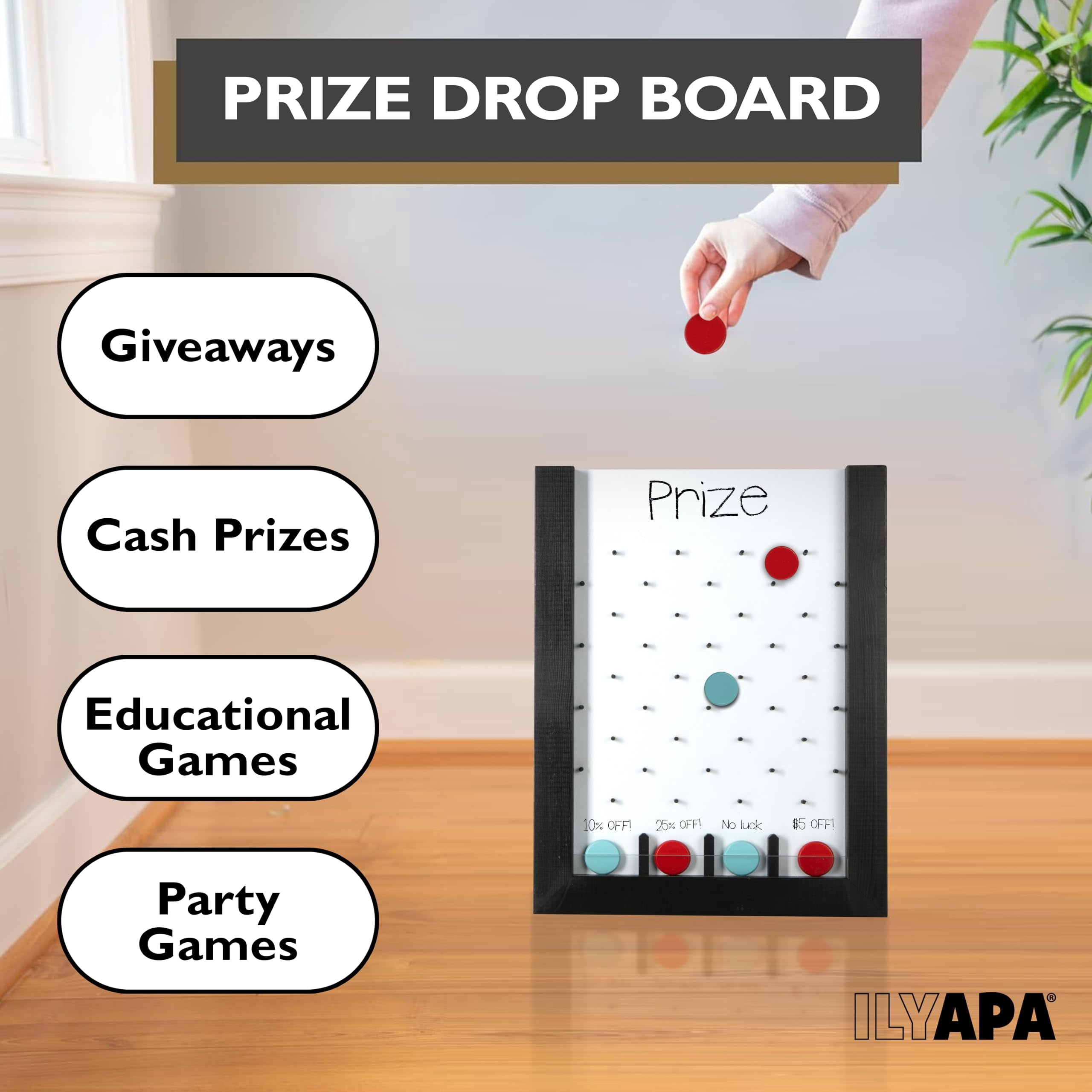 Ilyapa Tabletop Plinko Board Game - 13x17 Inch Portable Prize Drop Plinko Board for Events and Trade Show - Penny Drop Game Includes 8 Coin Discs, Wooden A-Frame Whiteboard Sign, Eraser