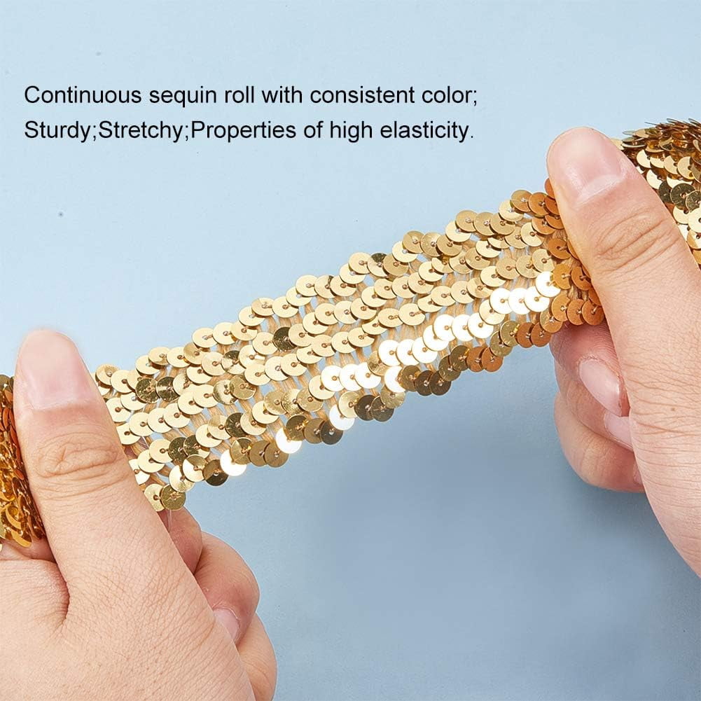 PH Elastic Sequin Flat Glitter Stretch Bling Paillette Fabric Ribbon Applique Trim Lace Band for Dress Embellish Headband (45mm/ 1.7inch Wide 10yard Long Gold) Gold