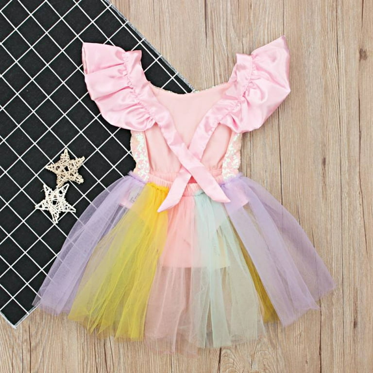 URMAGIC Infant Baby Girls Fly Sleeve Rainbow Sequins Romper Tutu Skirts Dress Toddler Kids Flower Wedding Princess Dresses Walmart