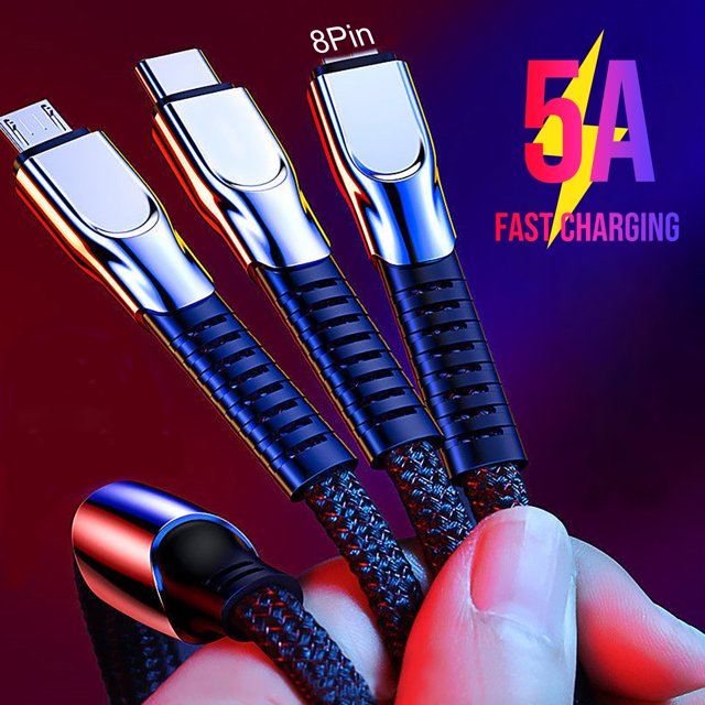Neinkie Data Cable 3-in-1 Multifunctional High Current Anti-winding Safe Fast Charging Universal 8Pin Type-C Micro USB Phone Multi Charger Cord for Home