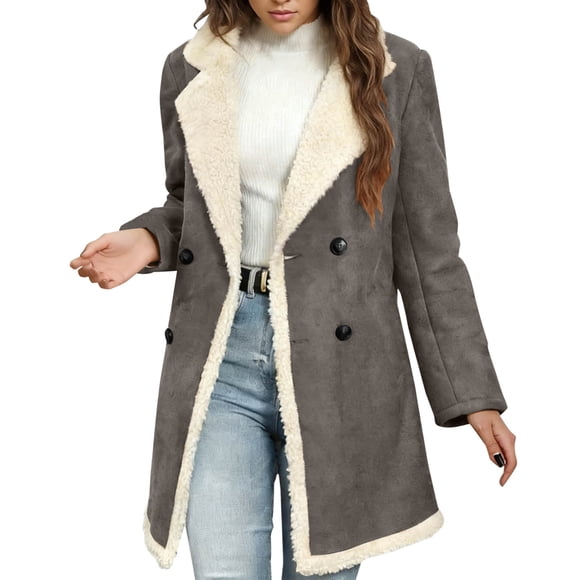 aohooy Faux Suede Tops for Women Fleece Sherpa Lined Fake Suede Leather Long Jackets Oversized Notch Lapel Outerwear Overcoat Gray,M