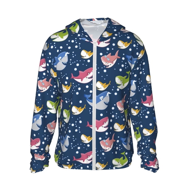 Balery Colorful Cartoon Shark Sudadera ligera de manga larga con capucha y protección solar UPF 50+ para hombre y mujer, ideal para pesca y running-Medium
