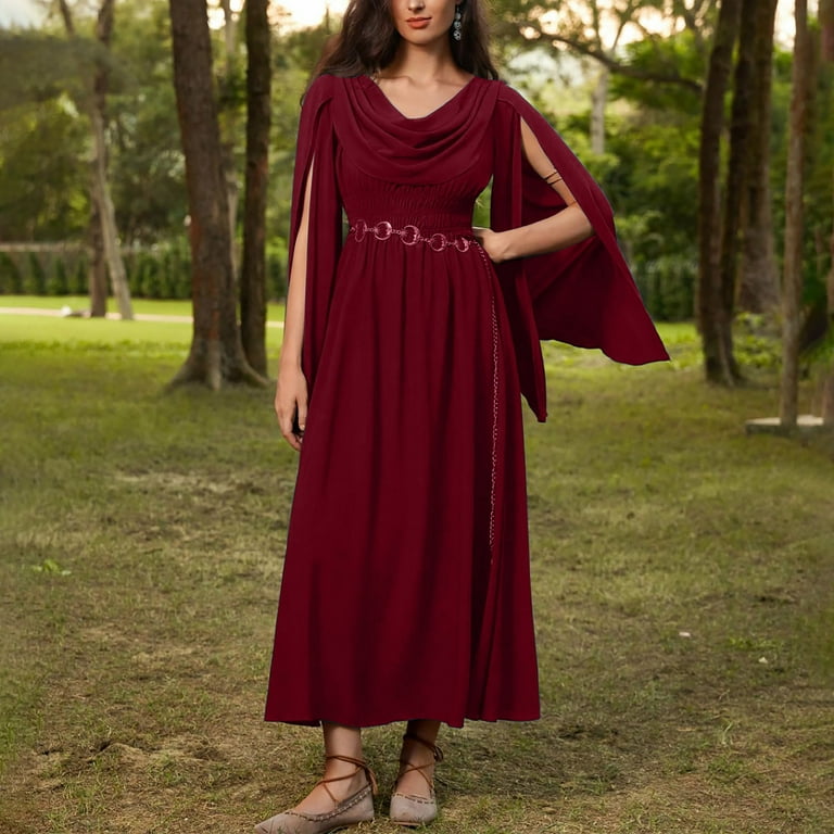 FASESH Boho Mini Dress Darkness Women Renaissance Gothic Dress, Split Flare Sleeve Cowl Neck Smocked Waisted Medieval Dressed Pleated Flowy Maxi Dress