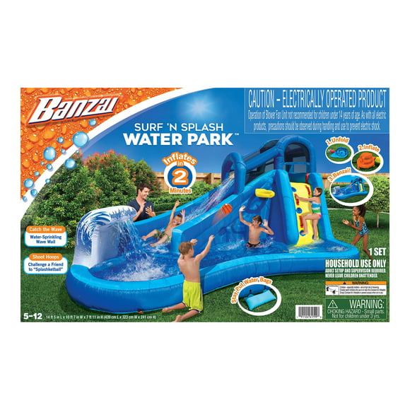 Banzai Surf N' Splash Water Park, Length: 14 ft 5 in, Width: 10 ft 7 in, Height: 7 ft 11 in, Inflatable Outdoor Backyard Water Slide Splash Toy