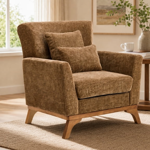 Ktaxon Chenille Accent Chair, Single Sofa with Pillows,Comfy Reading Arm Chair with Wood Legs for Living Room Bedroom Study Brown