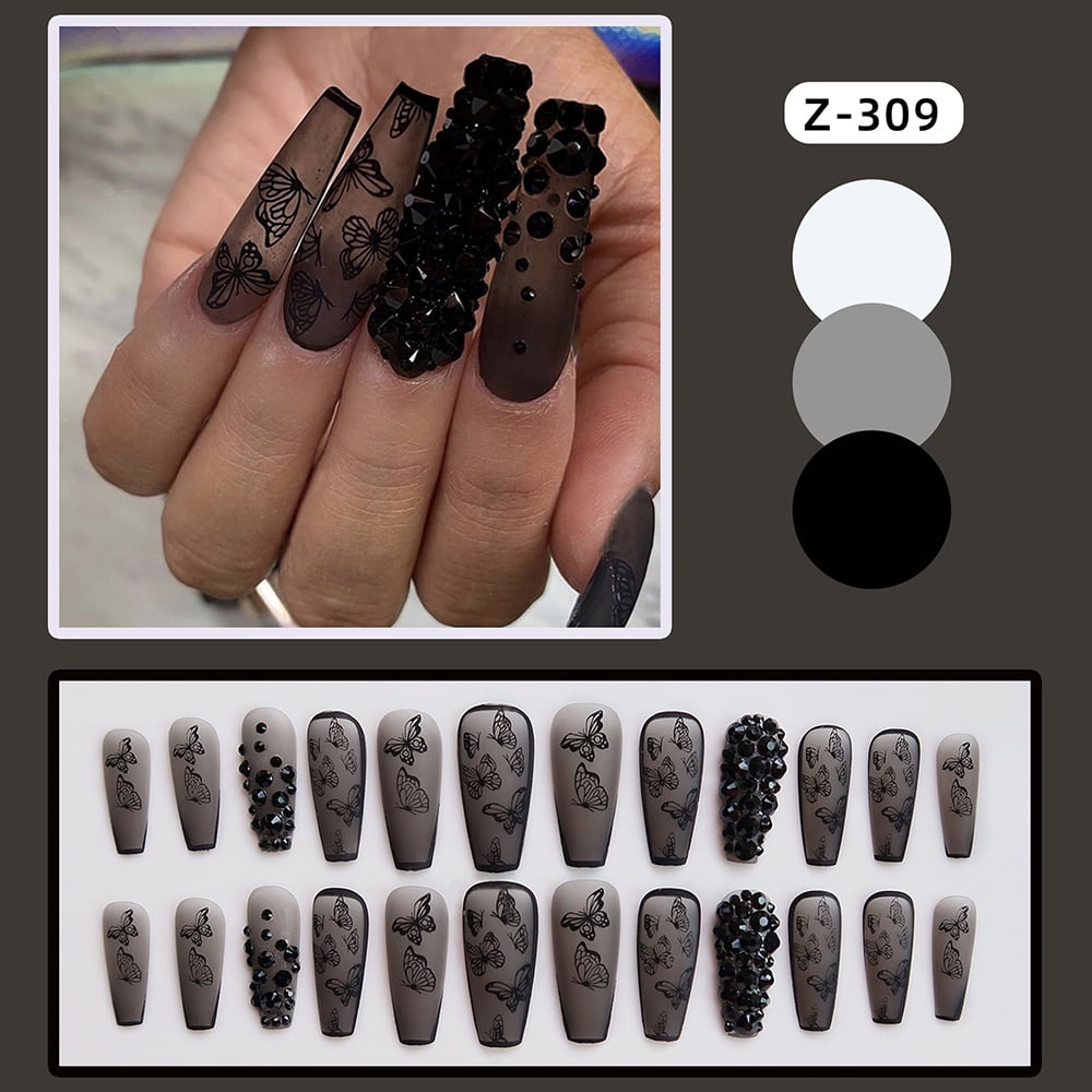 24Pcs Black False Nails Dark Butterfly Long Fake Nails for Women and ...