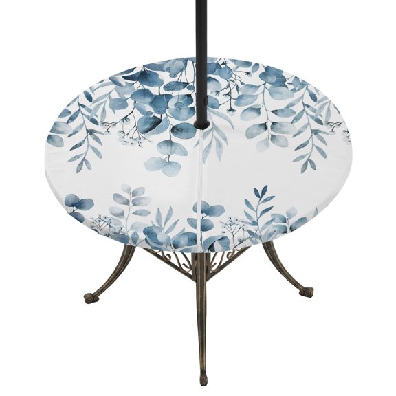 Round Outdoor Tablecloth with Umbrella Hole and Zipper, Blue Green Eucalyptus Leaves Tablecloth with Elastic Waterproof, Spring Summer Botanical Patio Table Covers for 55" - 60" Picnic Pool Tables