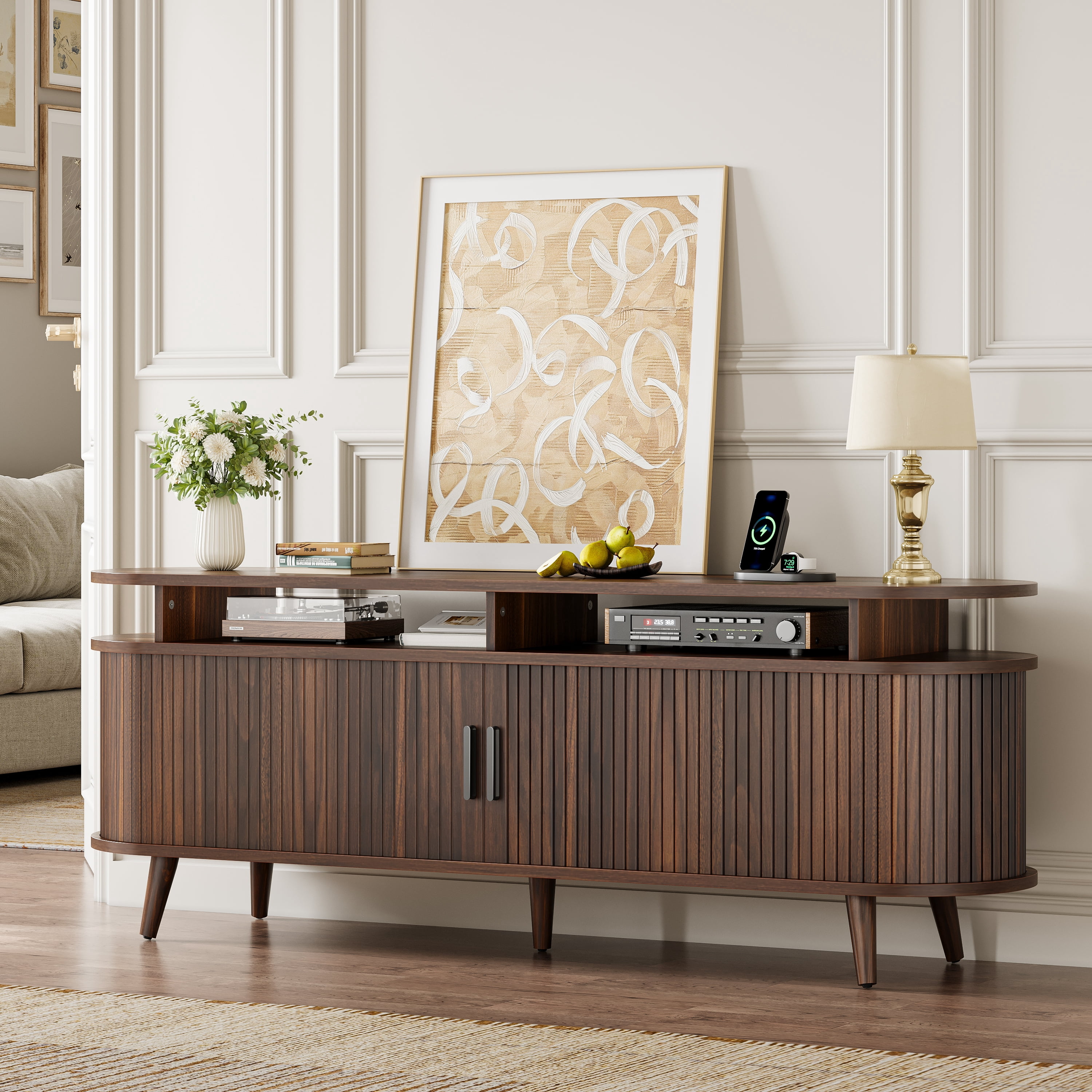 GUNAITO TV Stand for TVs up to 70", Wood TV Stand for Living Room with LED Lights , Entertainment Center with Storage and Shelves, Walnut