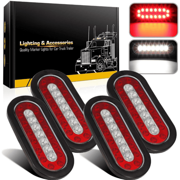4Pcs 6.3" Inch Oval Led Trailer Taillights Stop Brake Lights Running Red and White Backup and Reverse Lights, Sealed 6.3 inch Oval led Trailer Lights Kit Grommet Mount for RV Trucks