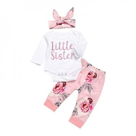 

SYNPOS Newborn Infant Baby Girl Clothes Romper Long Sleeve Bodysuit+Flower Print Pants with Bow Headband Outfits 3Pcs Set