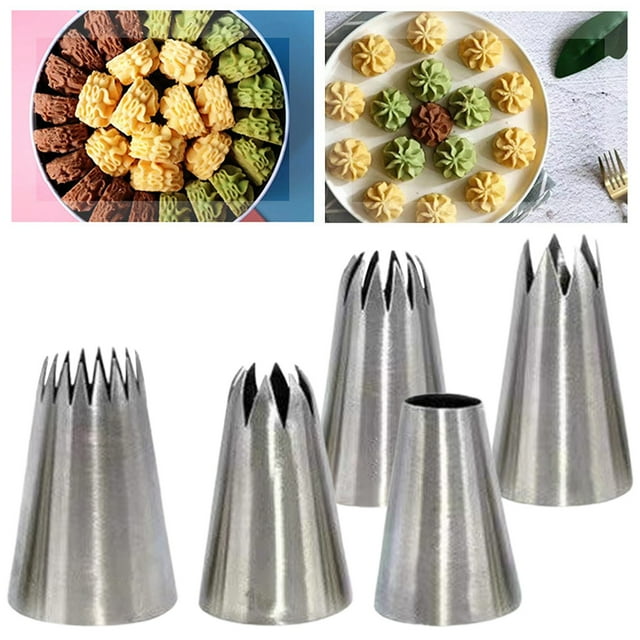 Large Stainless Icing Piping Tips Set, 5 Pcs Extra Large Icing Tips, Kitchen Utensils for Baking, Star Pastry Decorating Tip for Cupcake Frosting Designs and Decorations with Ease (Silver)