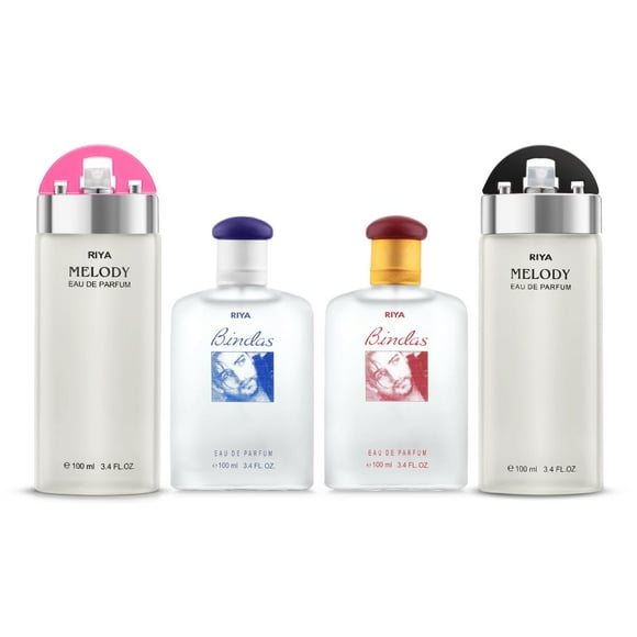 Riya Bindas Blue & Red + Melody Black & Pink Eau de Parfum Lot de 4 X 100 ml, 3.4 Fl. Oz. Chacun / Mélanges Uniques de Lavande, Aromatique et d'Agrumes / Parfum pour Hommes et Femmes - Fragrance Longue Durée