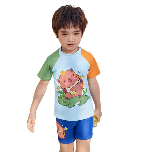 Boys Short Sleeves Swimsuits Two Pieces Swimwear Cartoon Animal Bathing Suit Children Swimming Costume Set for Beachwear Blue 2XL