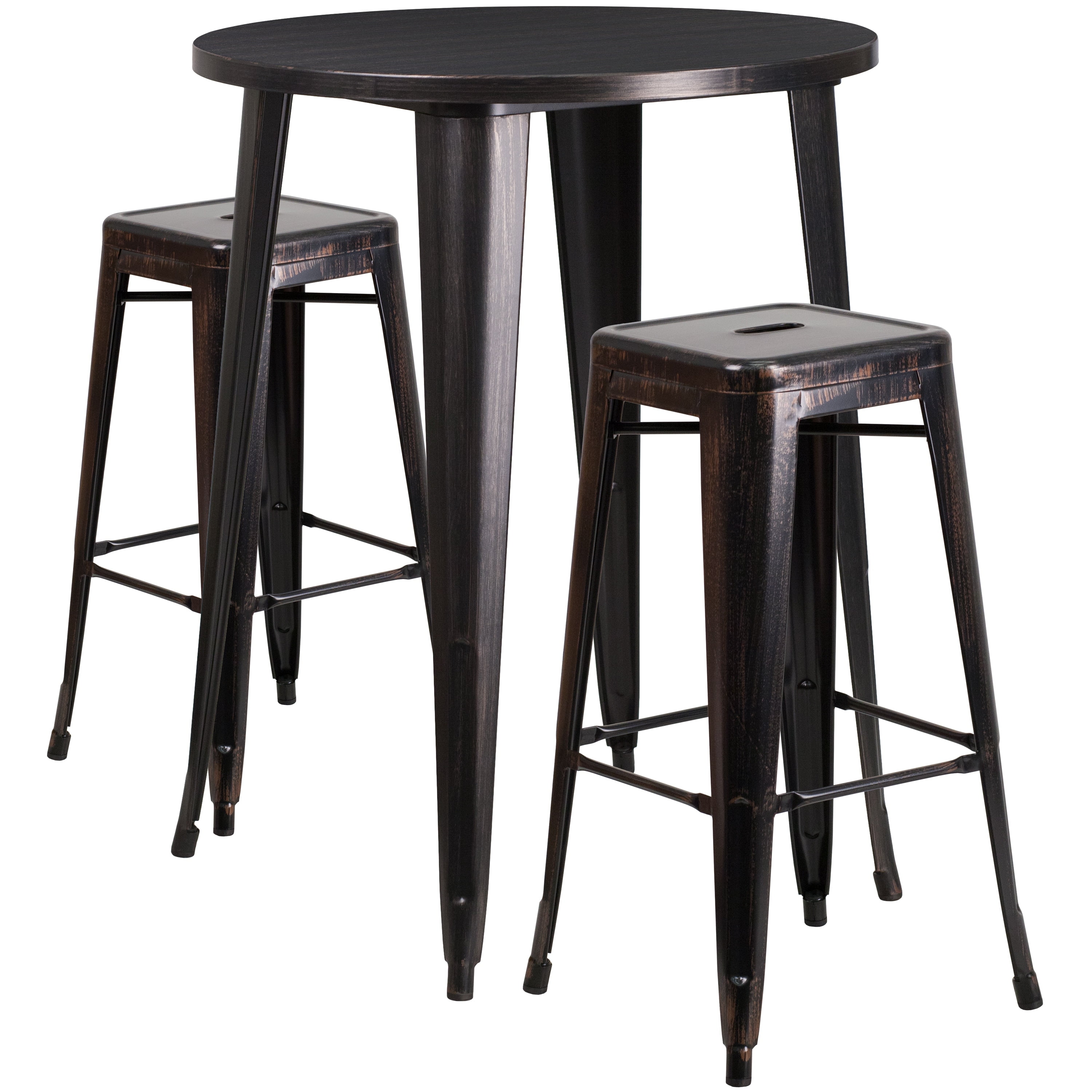 Lancaster Home 30 Round Metal Indoor-Outdoor Bar Table Set with 4 Square Seat Backless Stools Black 