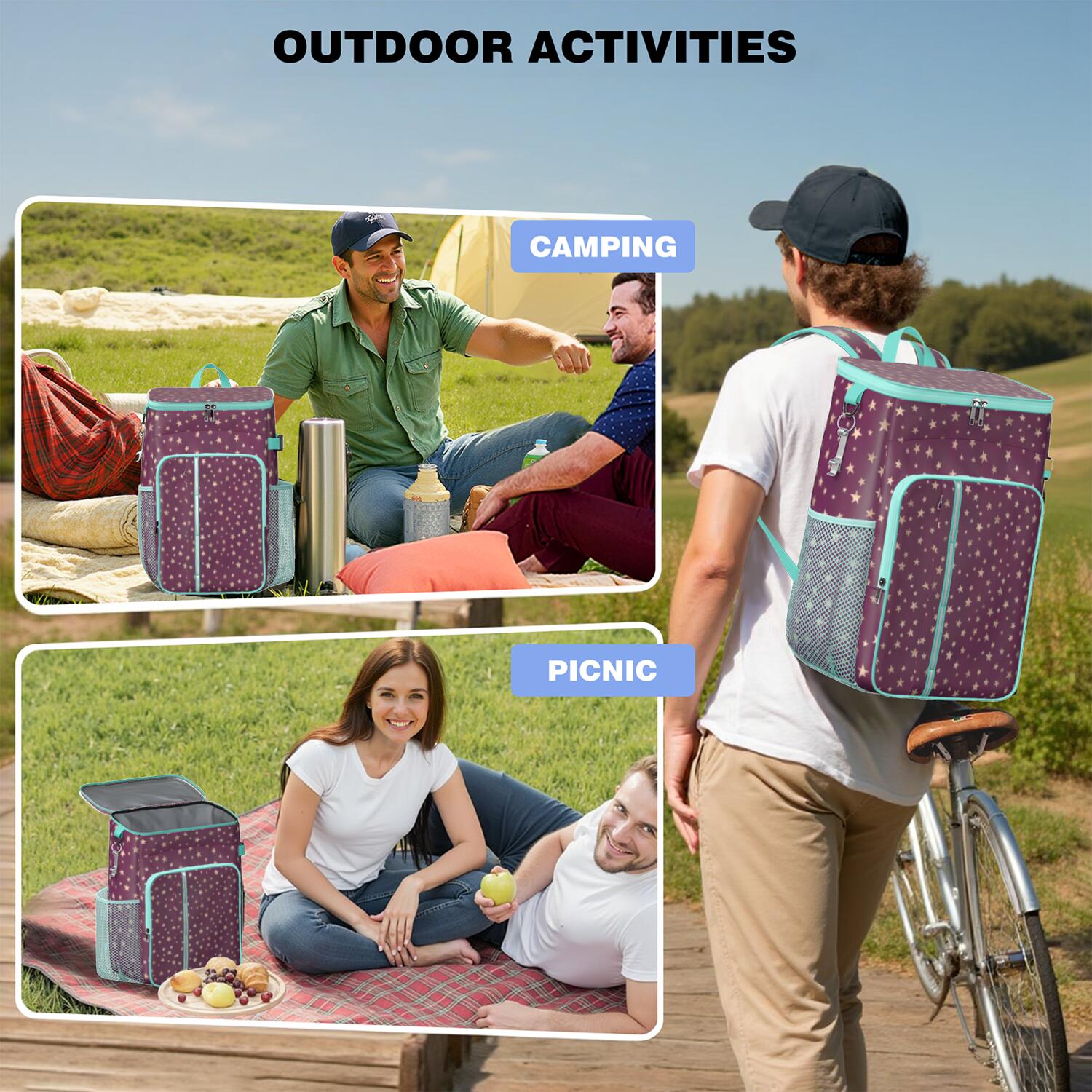 Travel Cooler Bag - Purple Christmas Star Pattern Camping Beer Cooler Backpack with Bottle Opener- Waterproof Insulated Picnic Backpacks - Cooler Bag for Beach