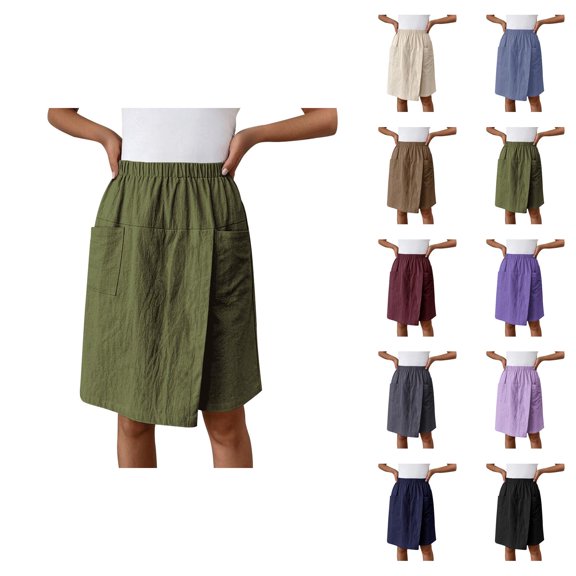 Knee Length Shorts for Women Summer Casual Cotton Linen Lightweight Elastic Waist Wide Straight Leg Skorts with Pockets