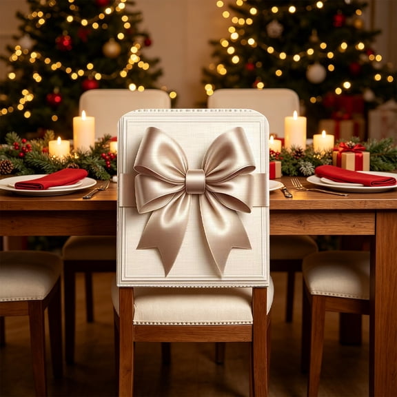 Bow Printed Chair Back Covers, Holiday Dining Chair Slipcovers for Christmas Banquet Wedding Party Table Decor