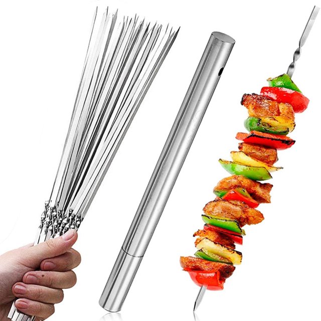 Brochettes de Barbecue en Acier Inoxydable Plates Antidérapantes Bâtons de Grillade Brochettes de Kebab