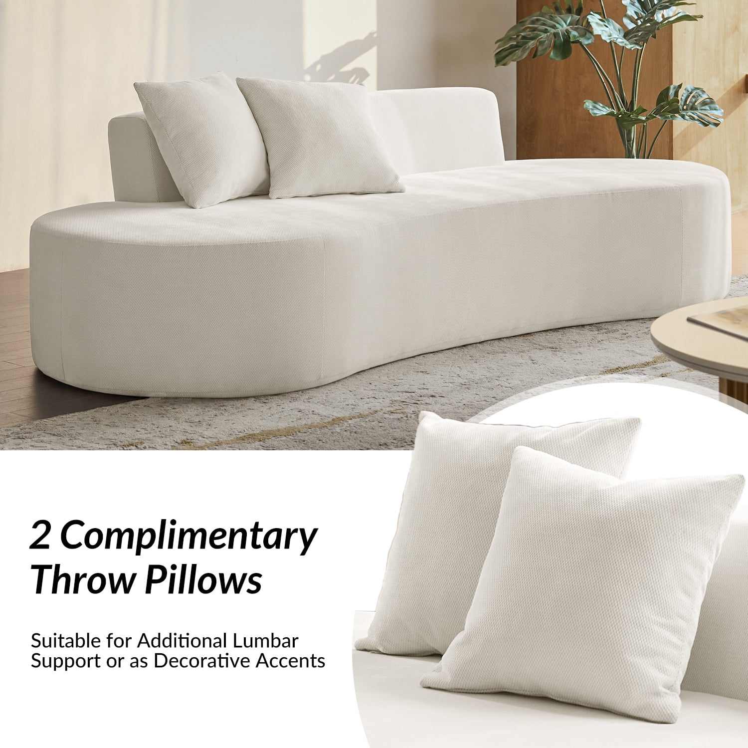 Tina's Home Modern Minimalist 3-Seater Cream Sofa for Adult Living Room Couch with Curved Design No Assembly Required