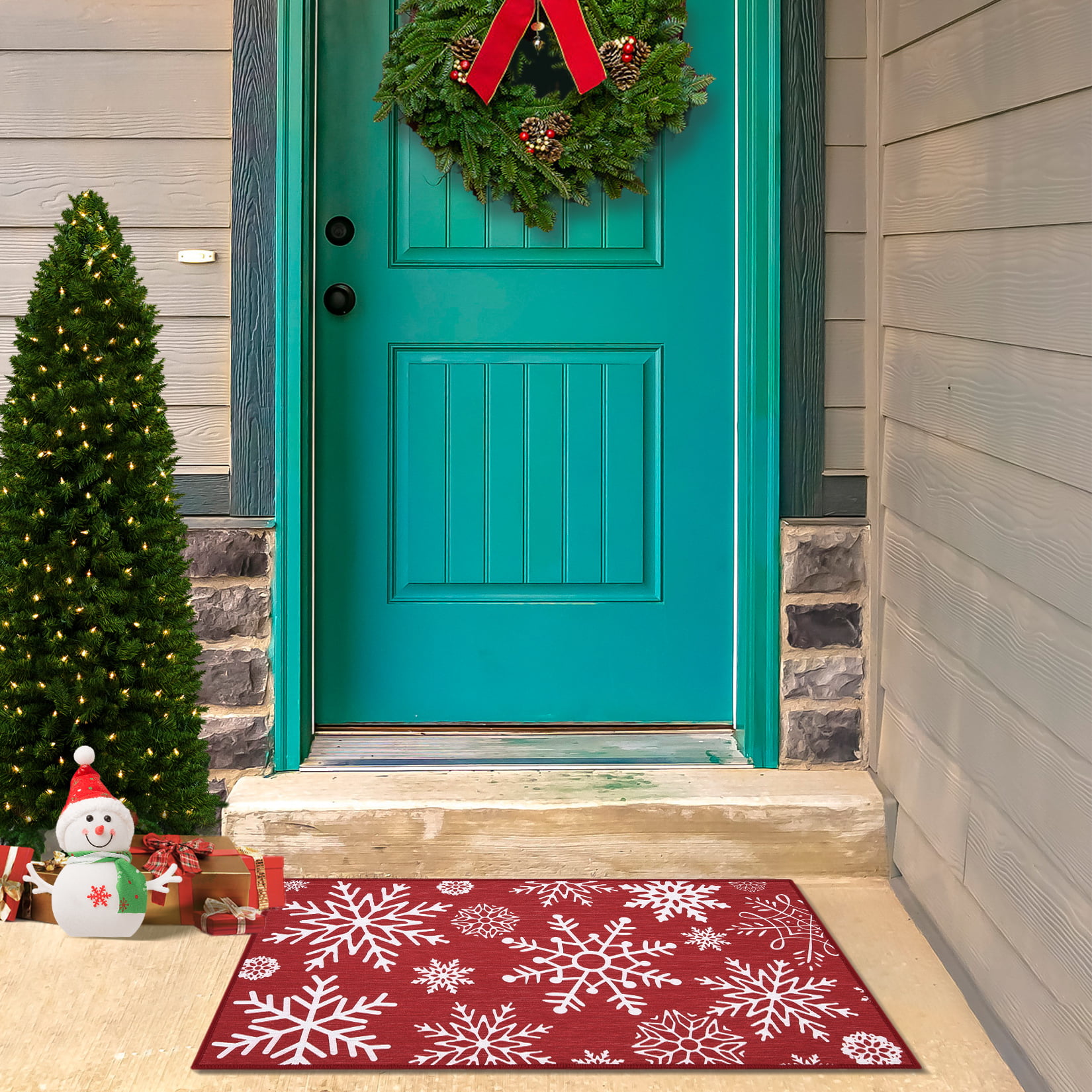 Blue Hello Winter Front Door Mat, PVC Leather Door Mats Outdoor/Indoor  Funny Welcome Mat, Xmas Winter Snowflake Blue White Floor Mats Non-Slip  Doormat