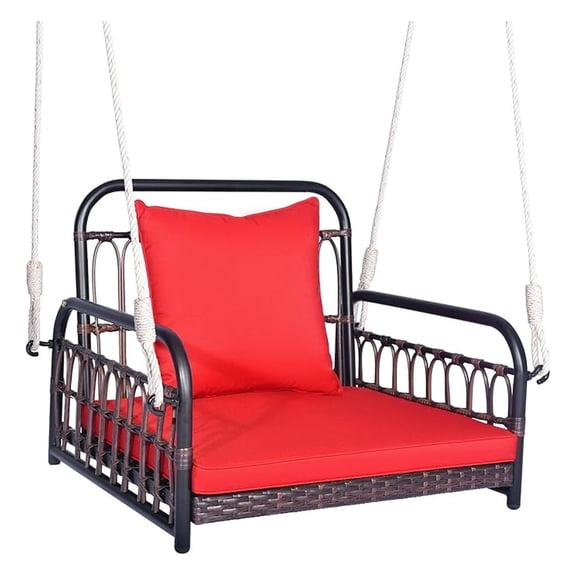 Patio Wicker Porch , Single Person Hanging Seat with Seat & Back Cushions, Reinforced Metal Frame & 2 Sturdy Hanging Ropes, Rattan Woven Chair for Front Porch, Backyard (Red)