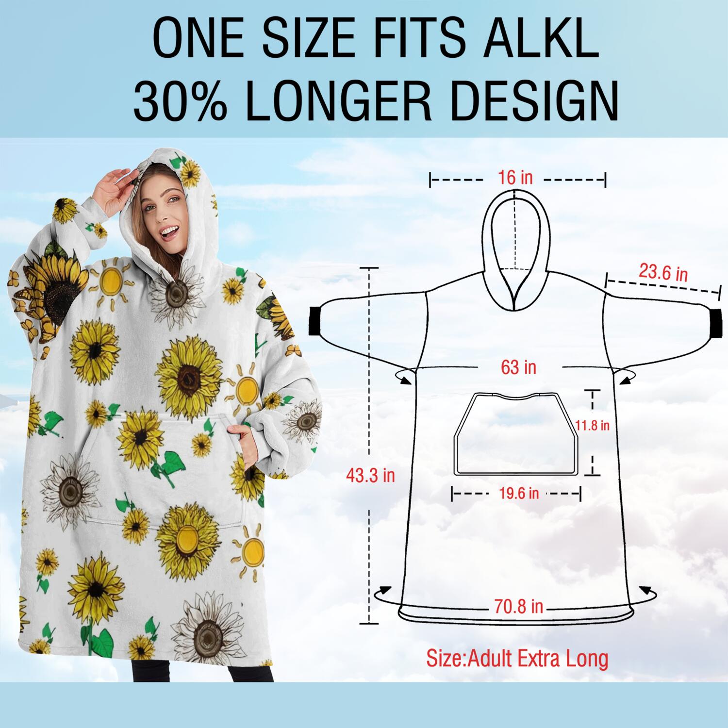 Oversized Wearable Blanket Hoodie,White Sunflower Butterfly Sun Pattern Sherpa Blanket Hoodie with Super Pockets,Super Warm Fuzzy Pullover for Women & Men