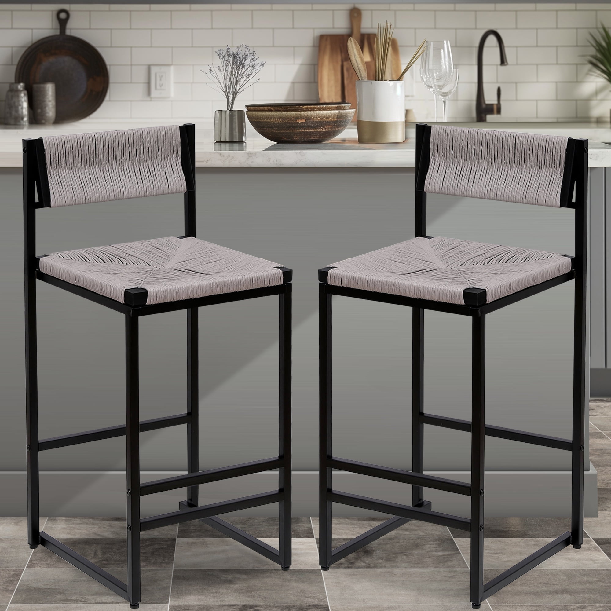 SYNGAR Bar Stools with Back Sets of 2, Woven Bar Chair with Metal Legs, Counter Height Bar Stools, Bar Chairs for Kitchen Bars Restaurants, Tufted Barstools Set, Gray