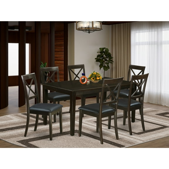 East West Furniture Capri 7-piece Dining Set with Leather Chairs in Cappuccino