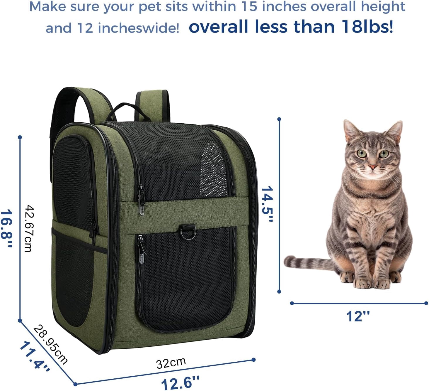 Pet Carrier Backpack for 4-18lb Cats and Dogs, Puppies, Safety Features and Cushion Back Support | for Travel, Hiking, Outdoor Use (Gray)