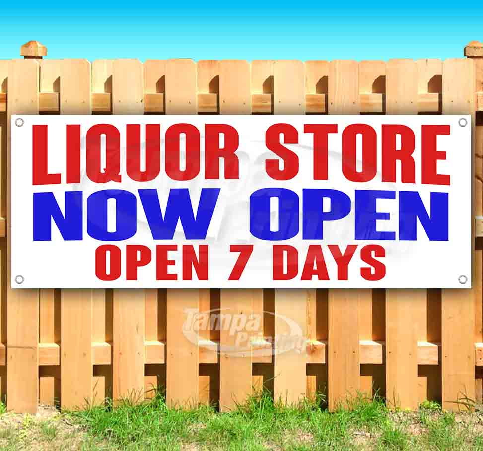 Liquor Store Now Open Red Blue 13 Oz Vinyl Banner Sign With Grommets 