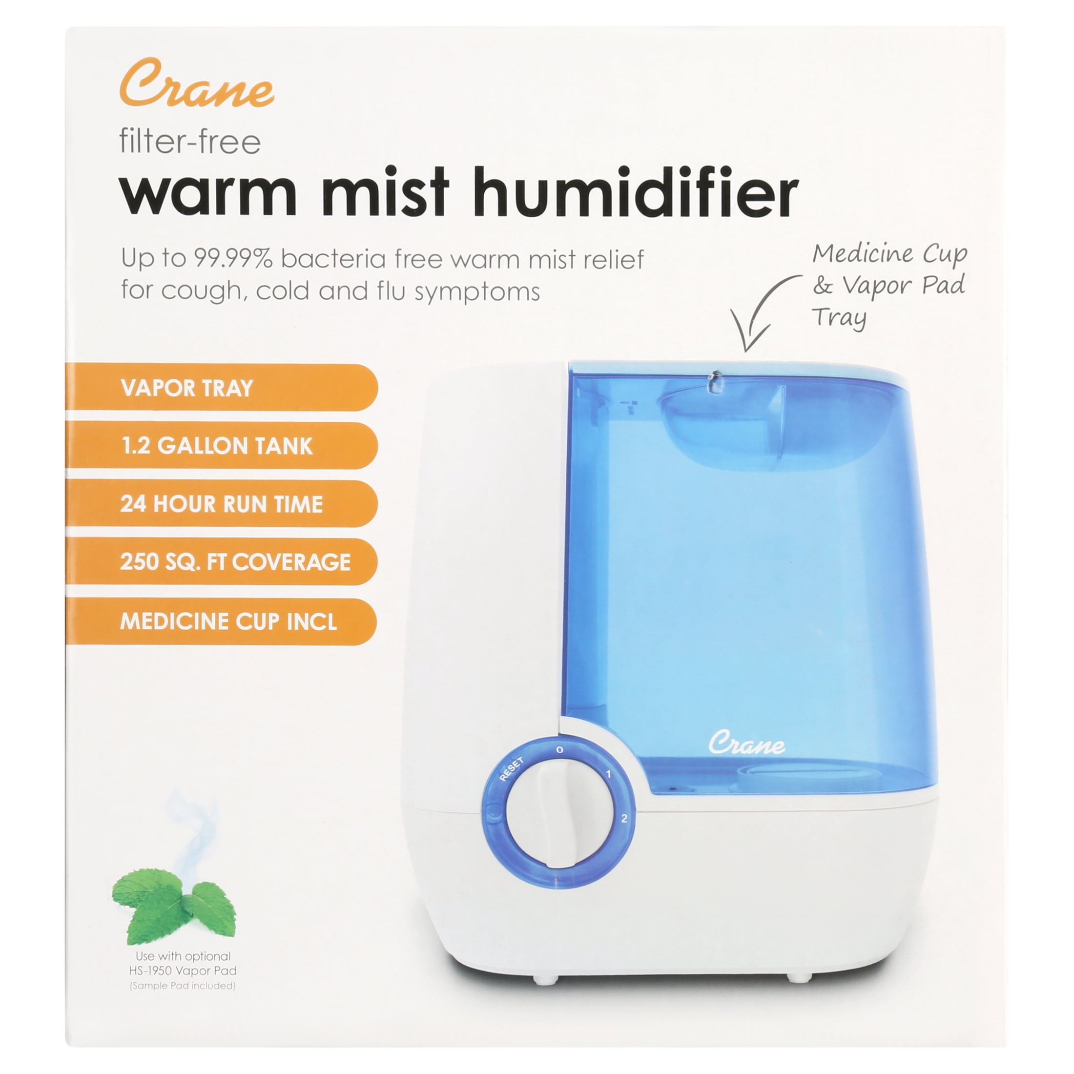 Crane USA 1.2 gal. Warm Mist Humidifier, Medicine Cup, 24 Hour Run Time, Blue/White