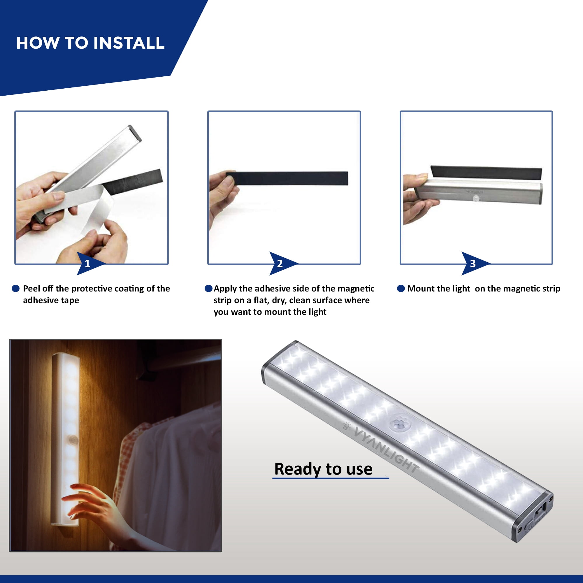 VYANLIGHT LED Closet Light Motion Activated, Cordless Under Cabinet Motion Sensor Light, (2 Pack)