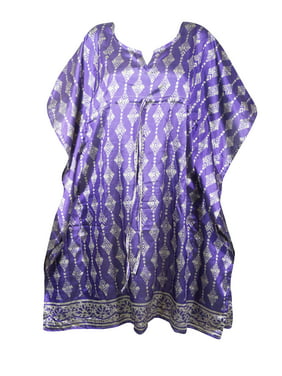 Mogul Women Purple Caftan Tunic Dress Recycled Silk Sari Printed Resort Wear Beach Cover Up Housedress Holiday Kaftan One Size