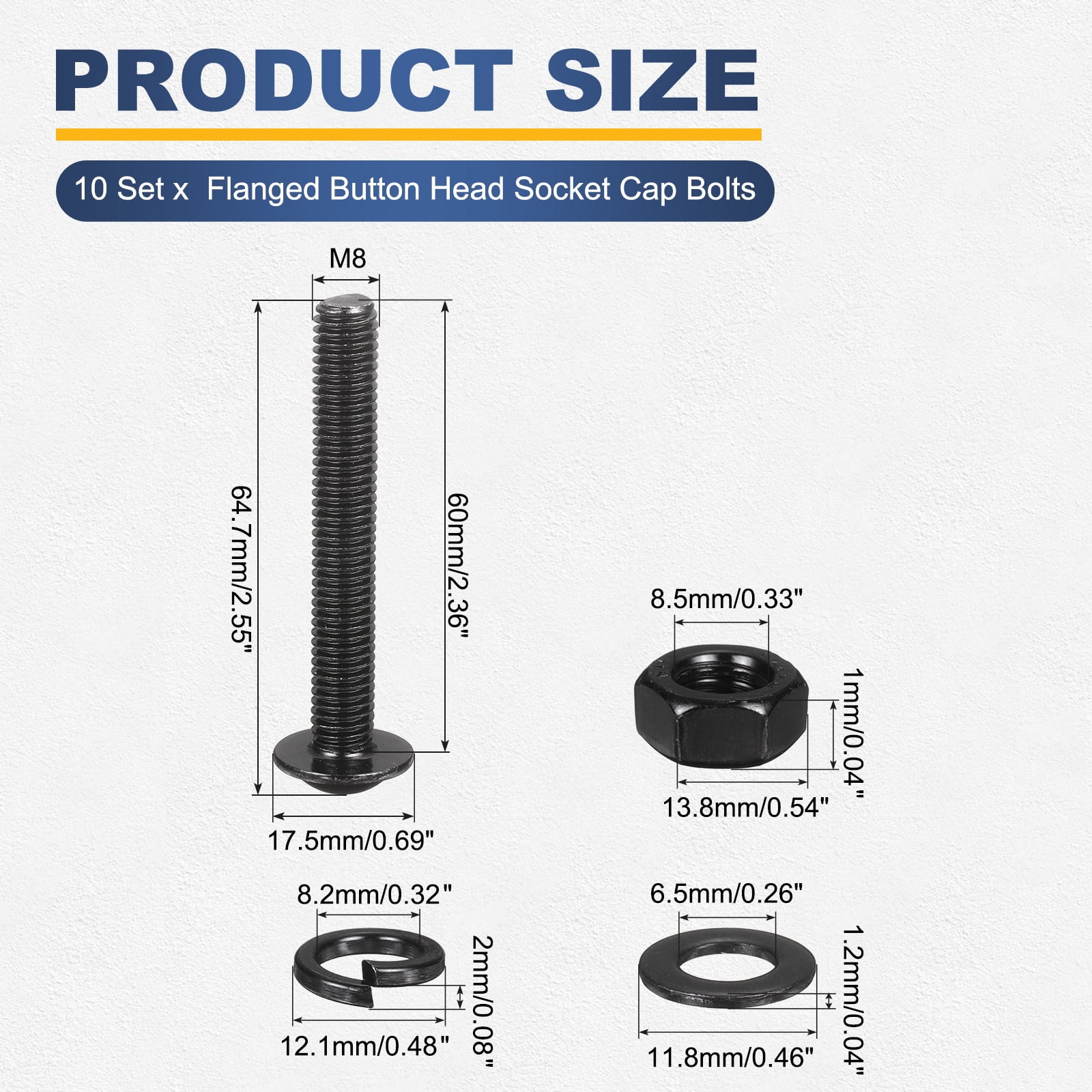 10 Set M8 x 60mm Flanged Button Head Socket Cap Screws, Black 304 Stainless Steel 18-8 Hex Socket Head Screws Bolts, Nuts, Flat & Lock Washers for DIY, Furniture, Automotive
