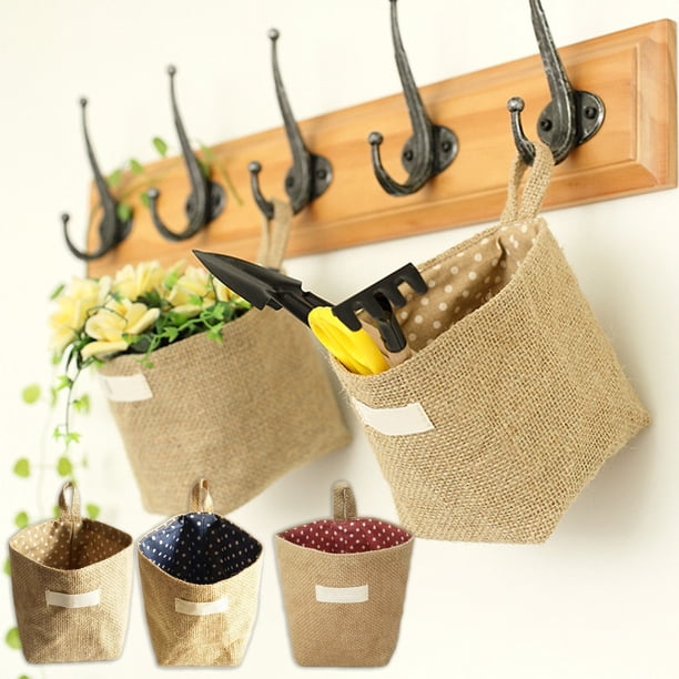 Cesta De Almacenamiento De Lino Bolsa de almacenamiento de pared de lino azul de 14 x 12,5 cm, cesta colgante plegable para organizar y decorar el hogar (1 unidad) JASKFLY