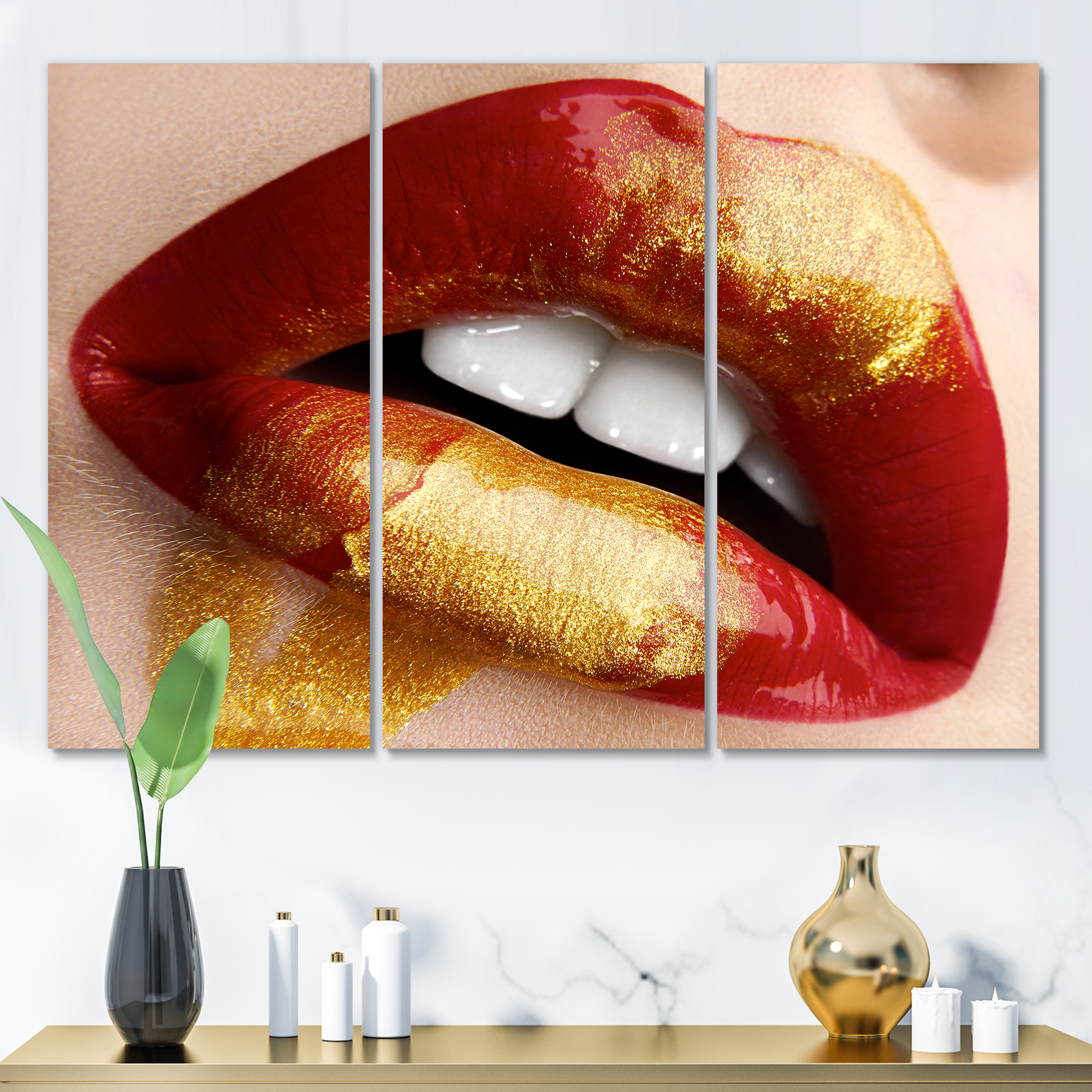 Designart ' Plump Woman Lips With Gold and Red ' Modern Canvas Wall Art Print