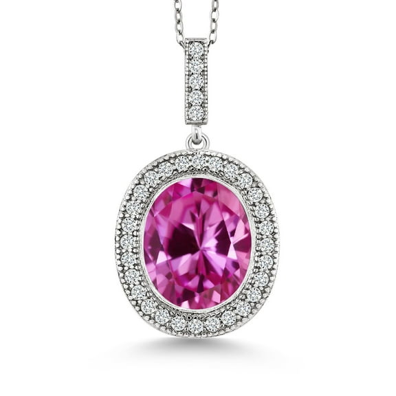 Gem Stone King 925 Sterling Silver Pink Created Sapphire Pendant Necklace for Women (6.41 Cttw, Oval 12X10MM, with 18 inch Silver Chain)