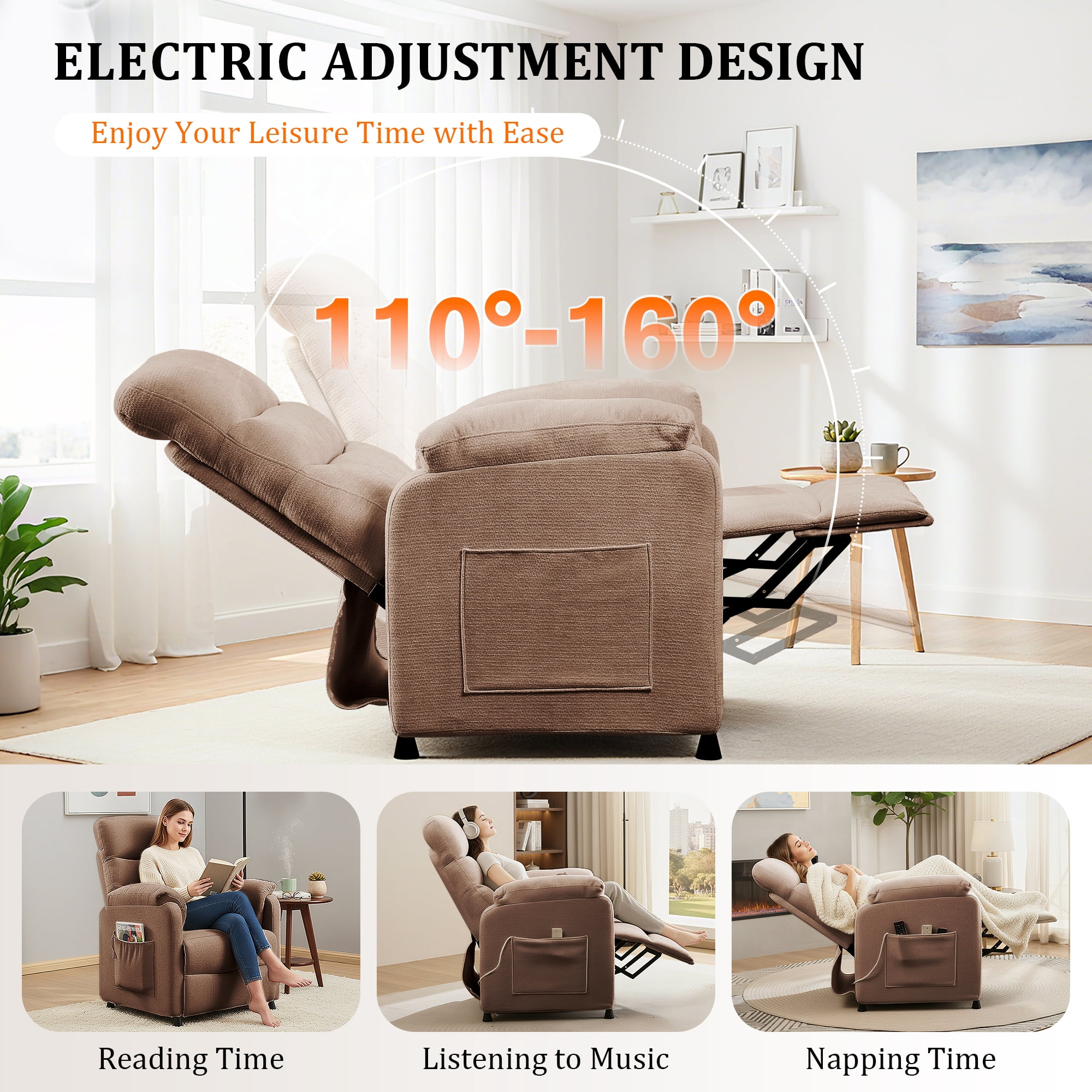 Miniyam Power Recliner Chair in Brown, Full Steel Frame & 7-Zone Support with Wired Memory Remote for Home Theater