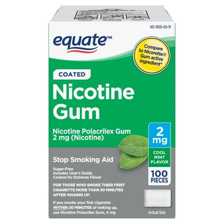 Equate Coated Nicotine Polacrilex Gum 2 mg, Mint Flavor, Stop Smoking Aid, 100 Count, Compare to Nicorette® Gum Active Ingredient