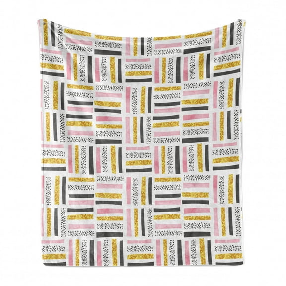 Geometric Soft Flannel Fleece Blanket, Distorted Rectangle Stripes and Polka Dots Modern Pastel Design, Cozy Plush for Indoor and Outdoor Use, 50" x 60", Blush Dark Grey and Mustard, by Ambesonne