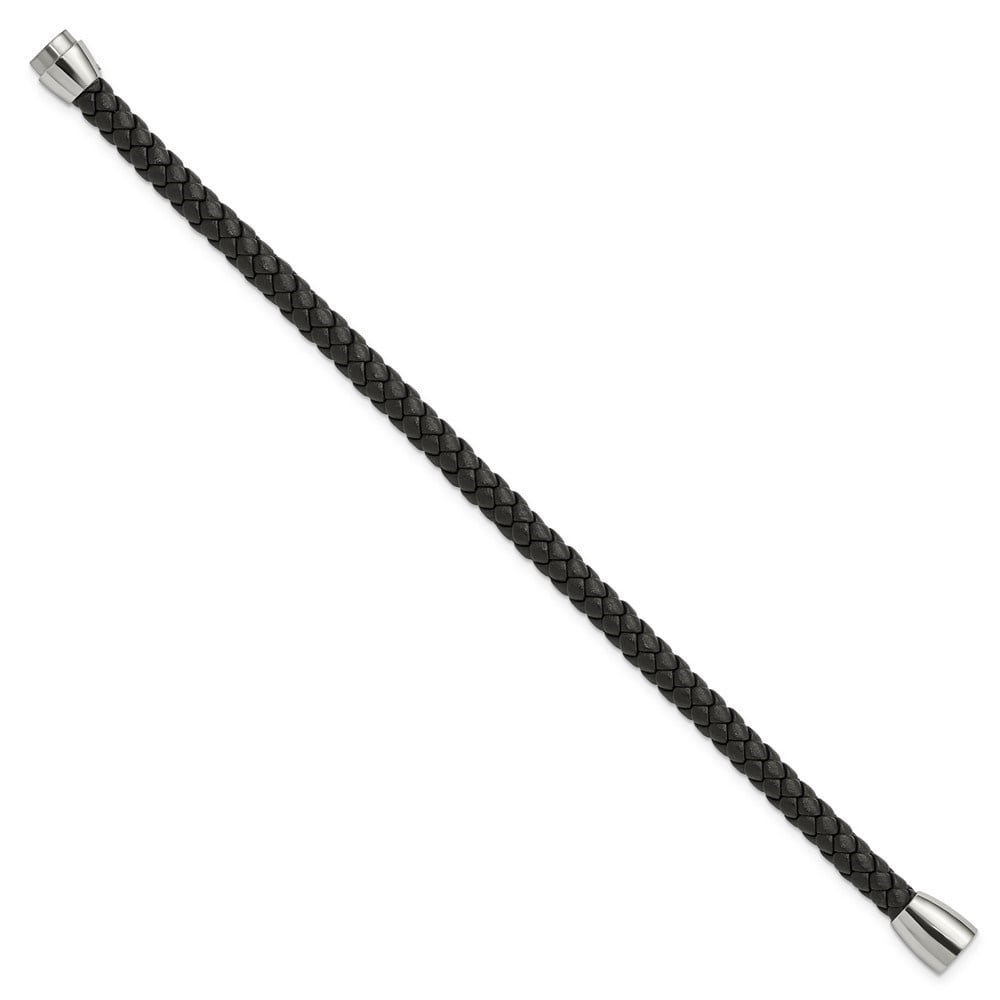 Diamond2Deal Stainless Steel Polished Black Braided Leather Bracelet for Men 8.5"