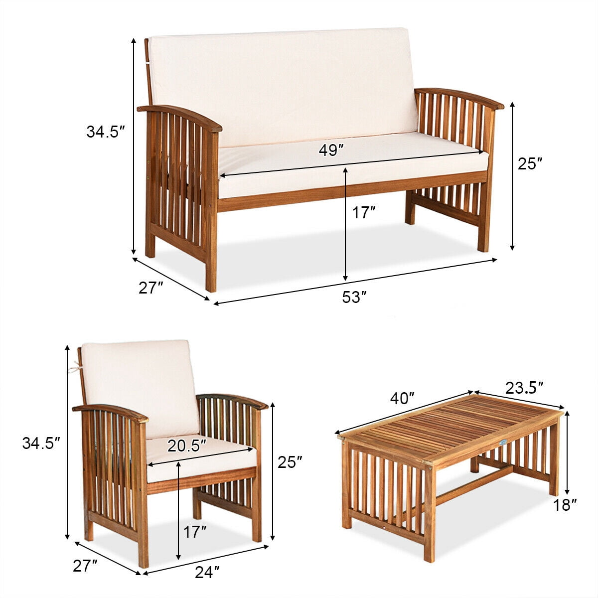 Gymax 8PCS Wooden Patio Conversation Set Outdoor Furniture Set w/ Cushions White