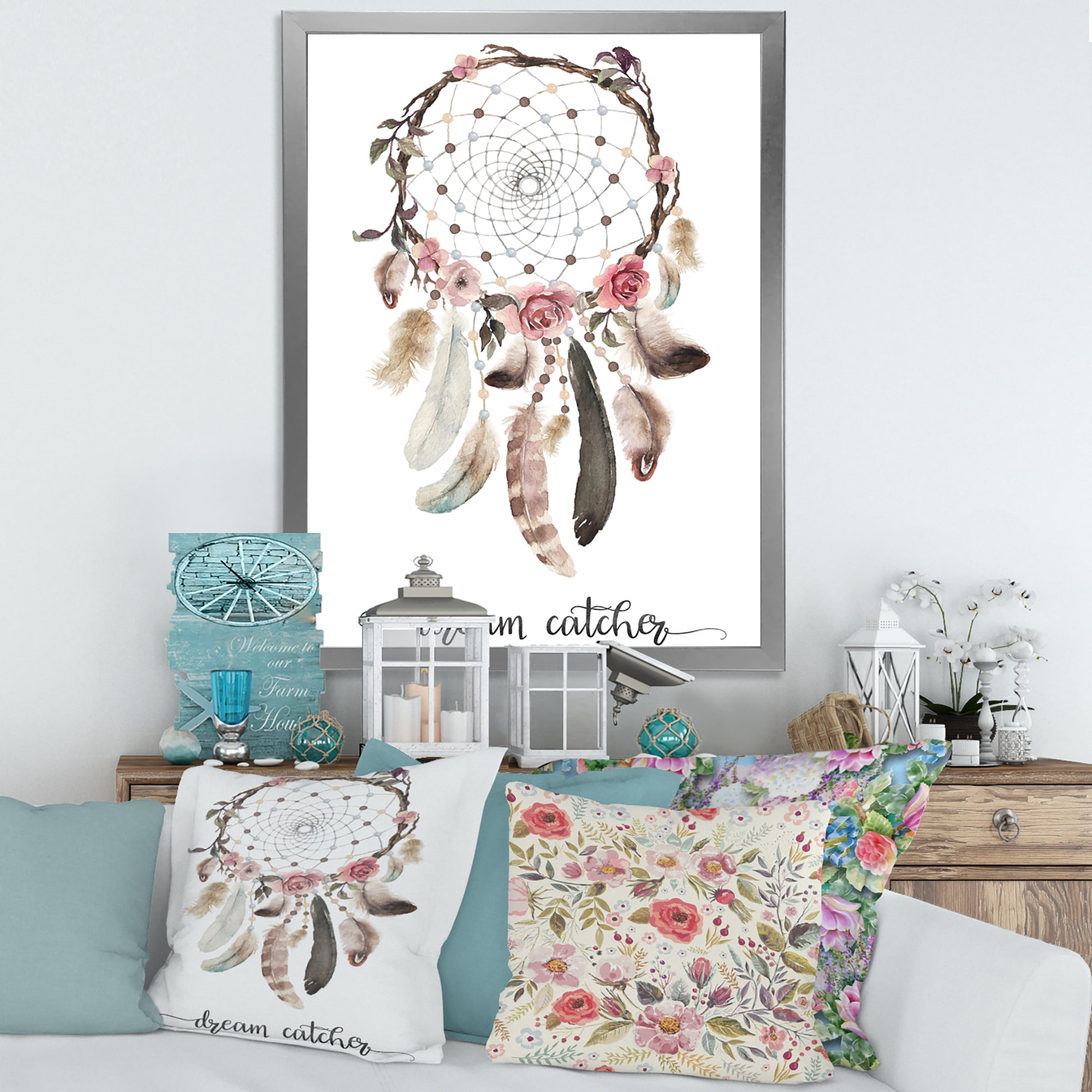 Designart 'Dream Catcher Made With Ethnic Feathers' Bohemian & Eclectic Framed Art Print